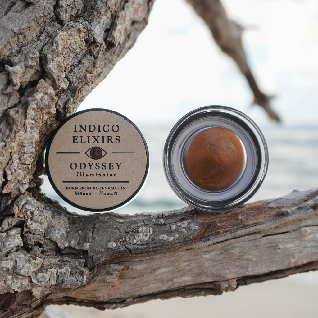 Indigo Elixirs Odyssey illuminator jar on a tree branch with a blurred natural background