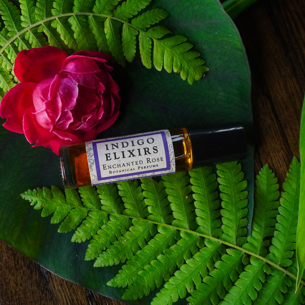 Indigo Elixirs Enchanted Rose botanical perfume bottle on green leaves with a pink flower.