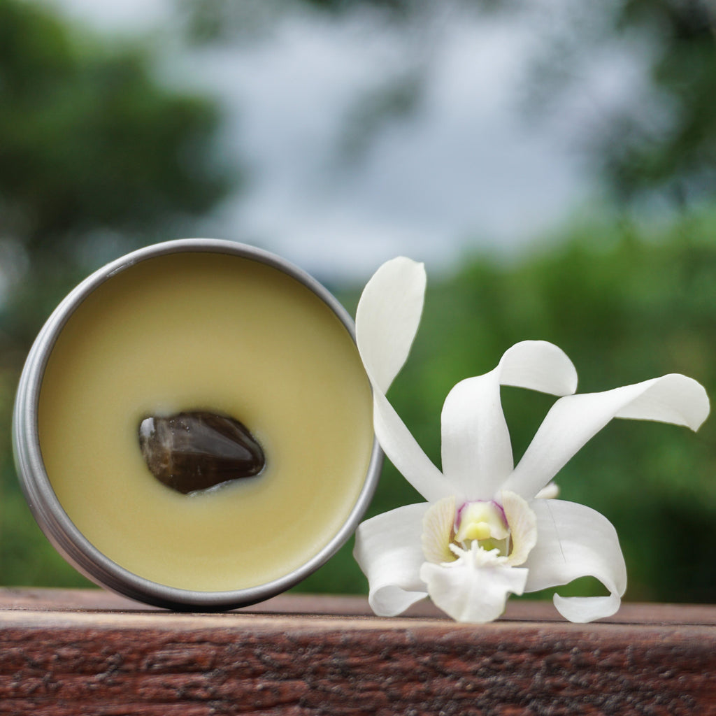 Smoky Quartz Crystal Elixir with orchid